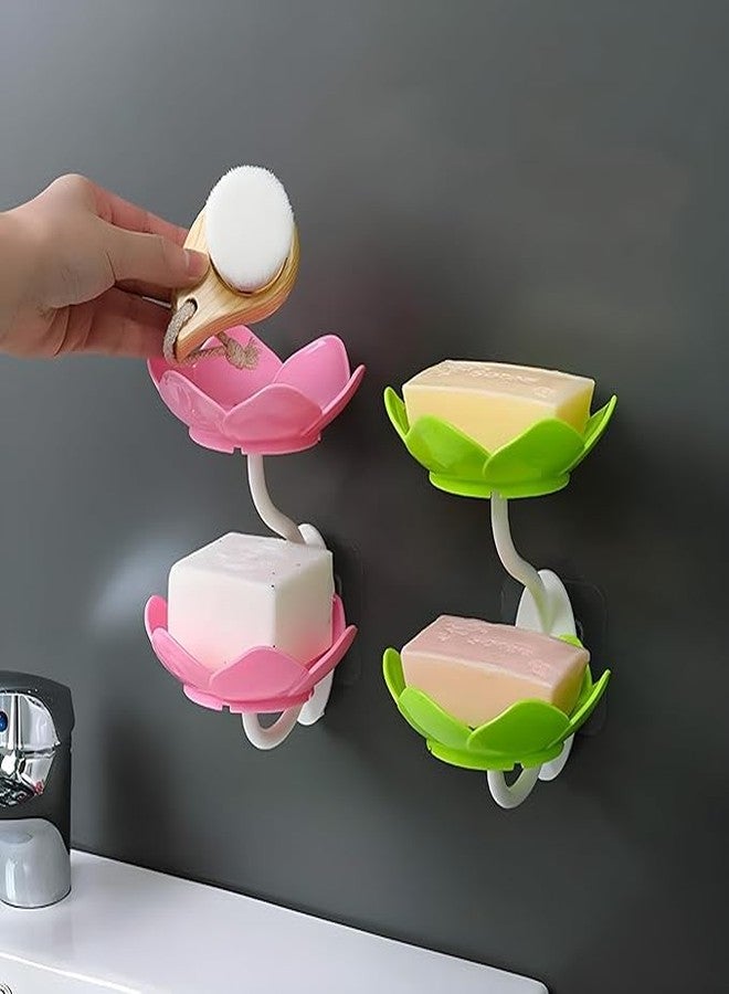 DORLANK Soap Dish Holder | Flower Design Wall Hanging Soap Storage Rack for Kitchen Bathroom | Double Layer Self Adhesive Soap Stand| Wall Mounted Sponge Holder Sabundani-(Multi Colour) 1PC - Image 4